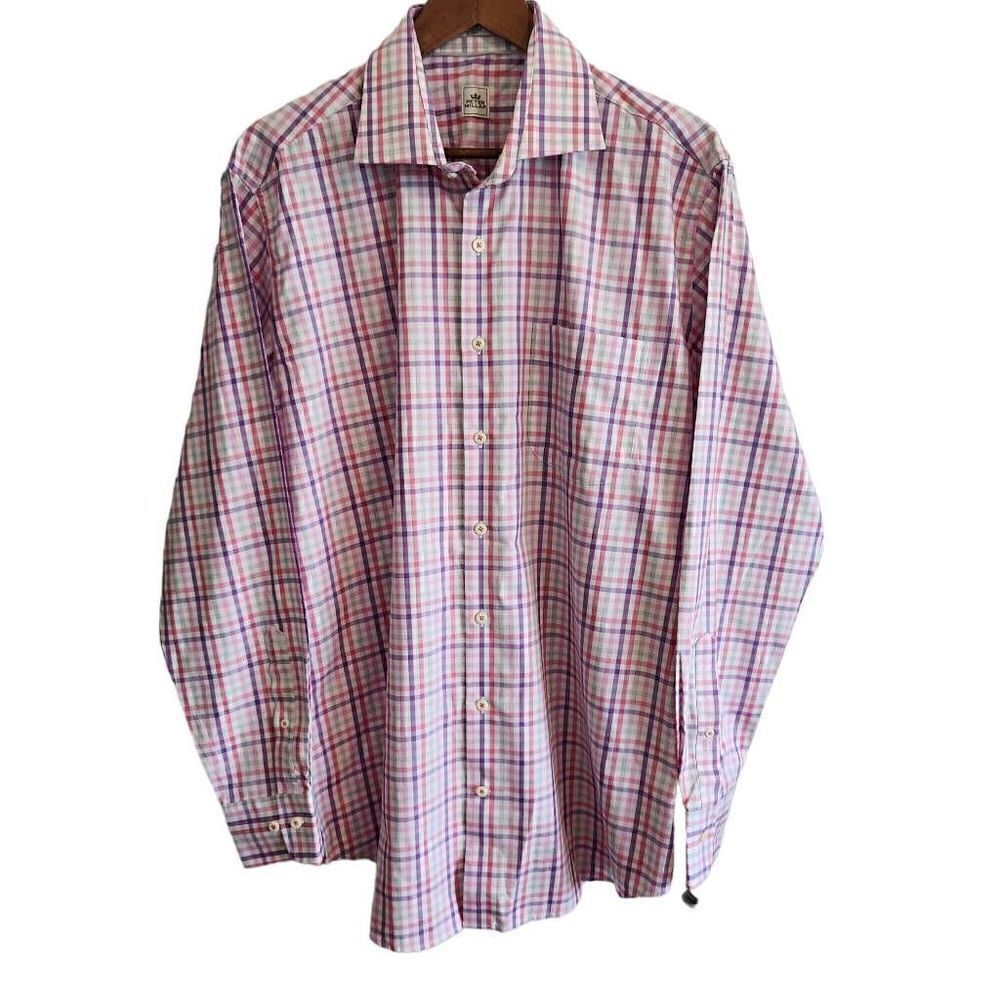 Peter Millar Shirt Mens Large Button Front Plaid Golf Cotton Long Sleeve Pink Pu
